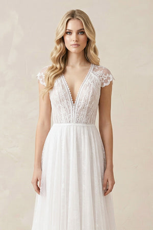 Lace Cap Sleeve V - Neck A - Line Tulle Wedding Dress in White - SHE IS ME Wedding Dresses