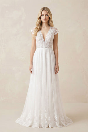 Lace Cap Sleeve V - Neck A - Line Tulle Wedding Dress in White - SHE IS ME Wedding Dresses