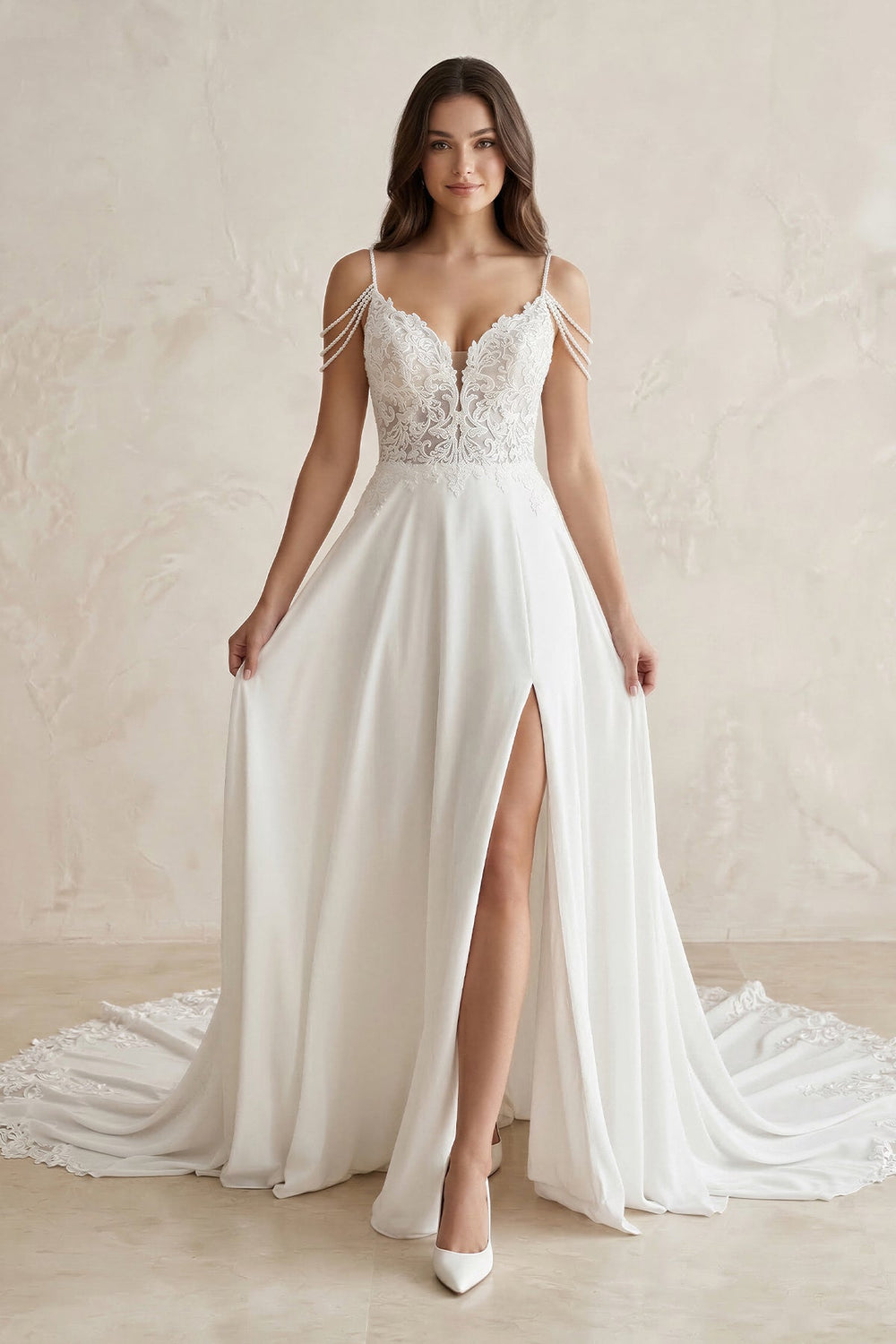 Lace Chiffon A - Line Off - the - Shoulder Wedding Dress in White - SHE IS ME Wedding Dresses