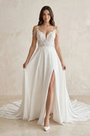 Lace Chiffon A - Line Off - the - Shoulder Wedding Dress in White - SHE IS ME Wedding Dresses