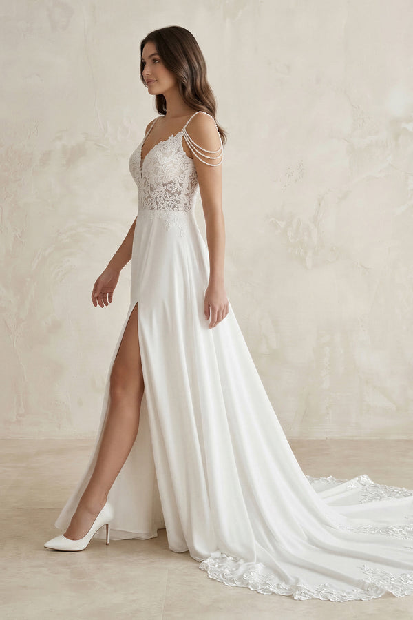 Lace Chiffon A - Line Off - the - Shoulder Wedding Dress in White - SHE IS ME Wedding Dresses