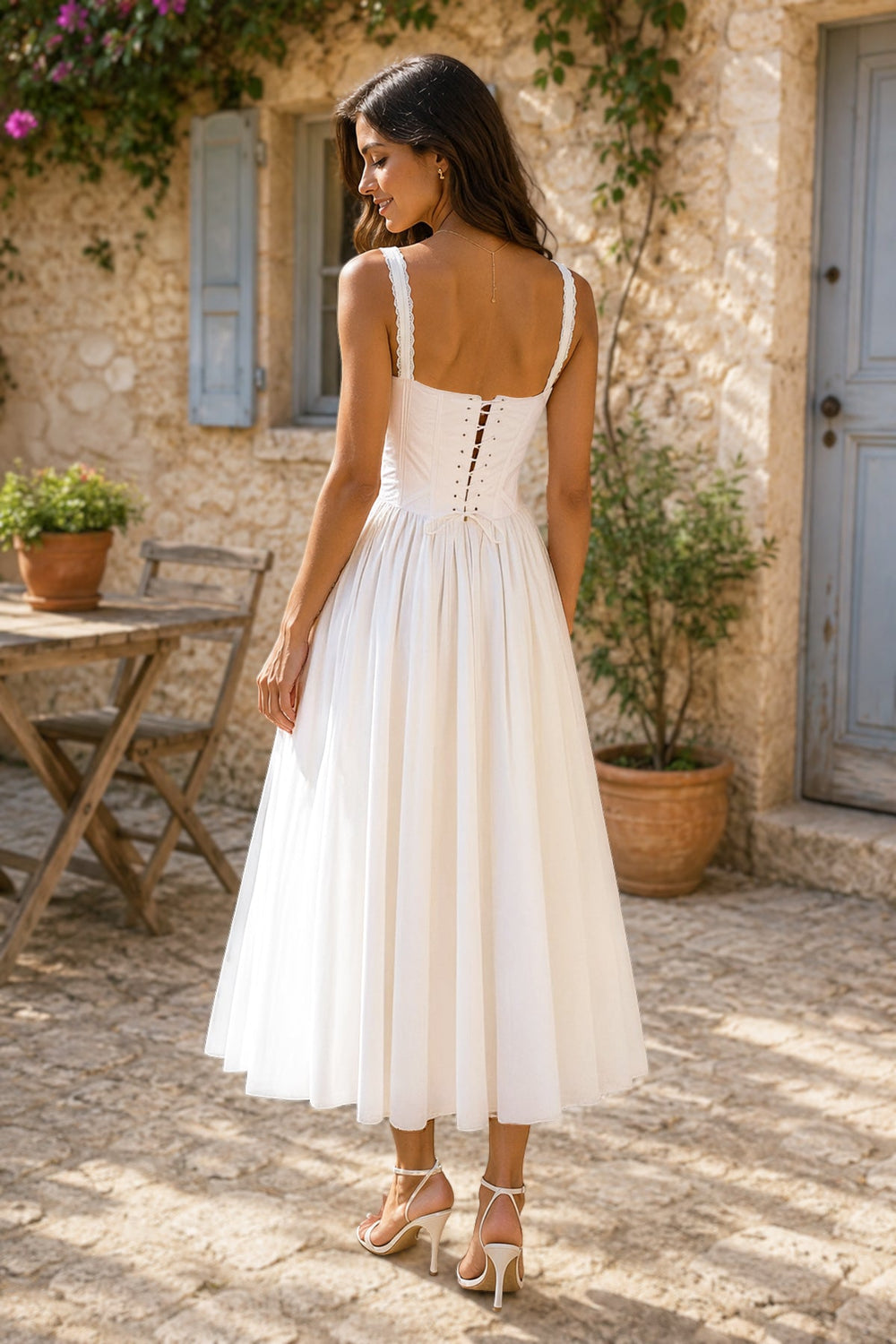 Lace Corset A - Line Cotton Midi Dress in White - SHE IS ME Dresses