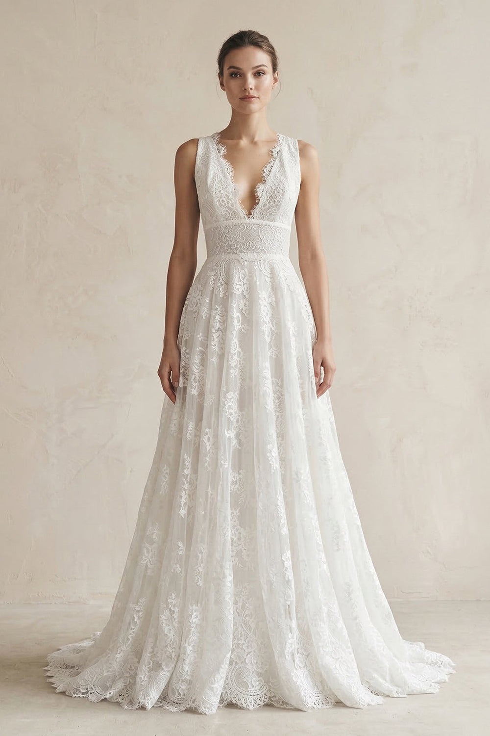 Lace Deep V - Neck A - Line Wedding Dress in White - SHE IS ME Wedding Dresses