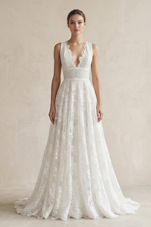 Lace Deep V - Neck A - Line Wedding Dress in White - SHE IS ME Wedding Dresses