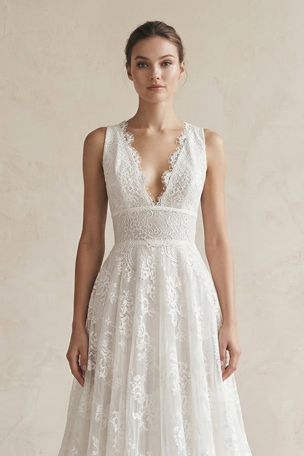 Lace Deep V - Neck A - Line Wedding Dress in White - SHE IS ME Wedding Dresses