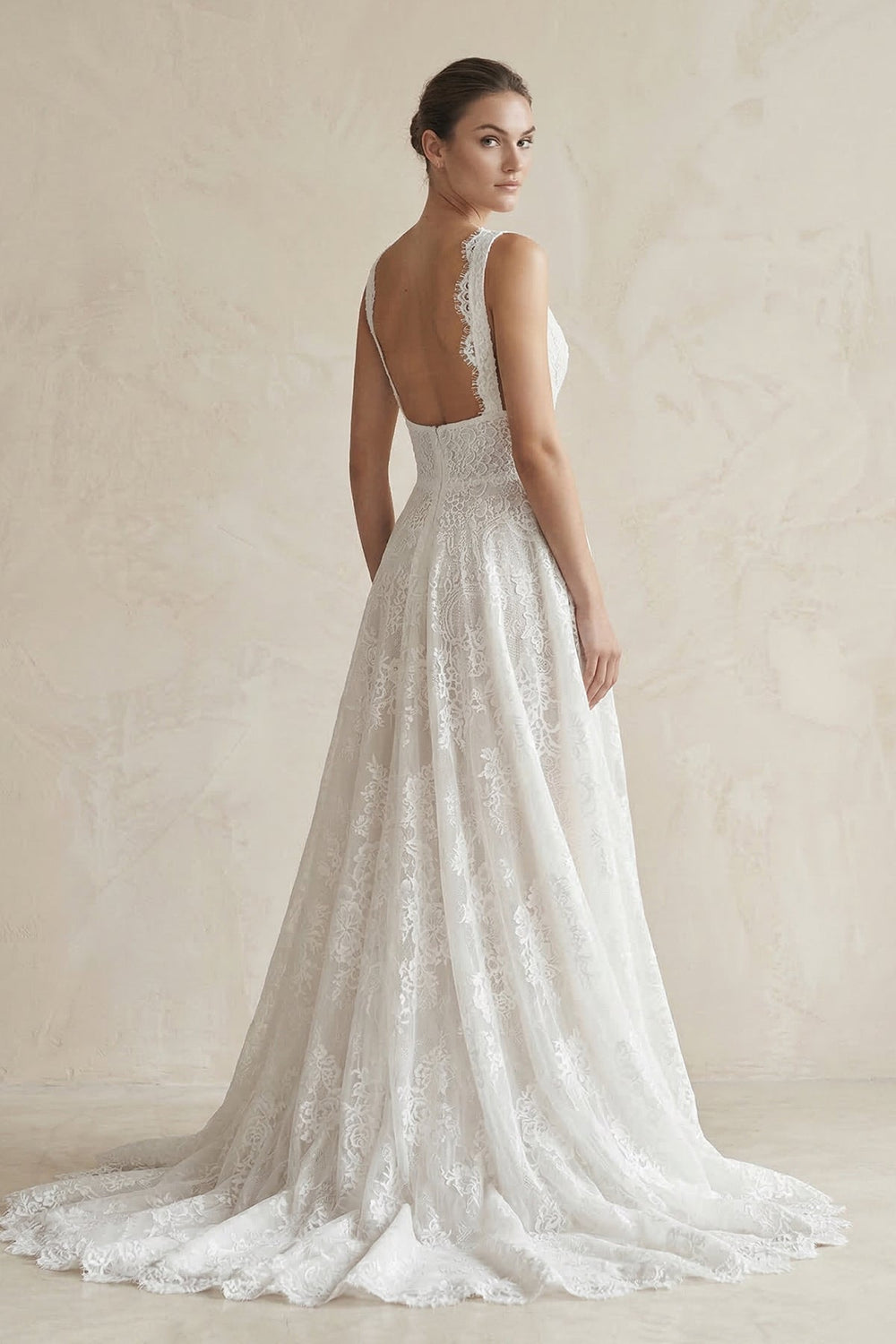 Lace Deep V - Neck A - Line Wedding Dress in White - SHE IS ME Wedding Dresses