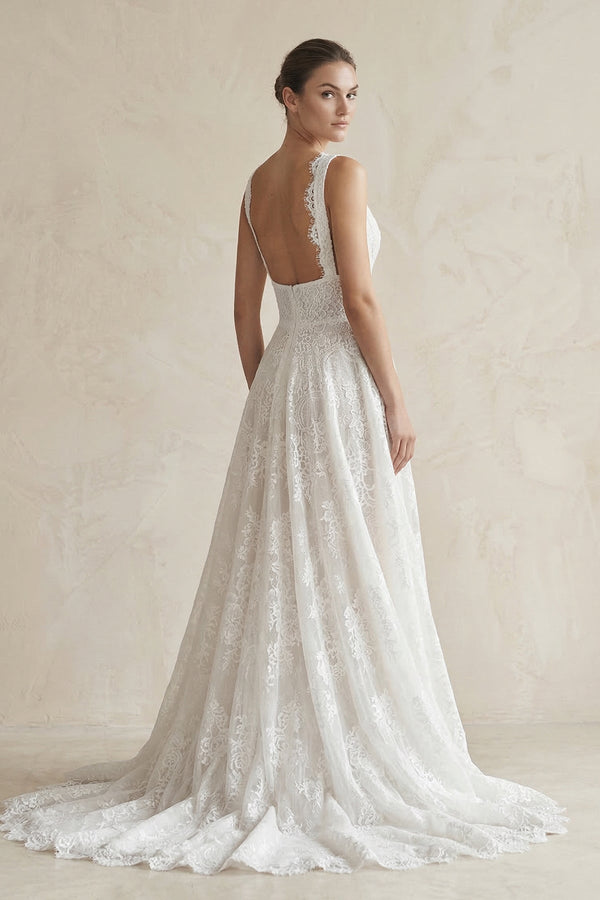 Lace Deep V - Neck A - Line Wedding Dress in White - SHE IS ME Wedding Dresses