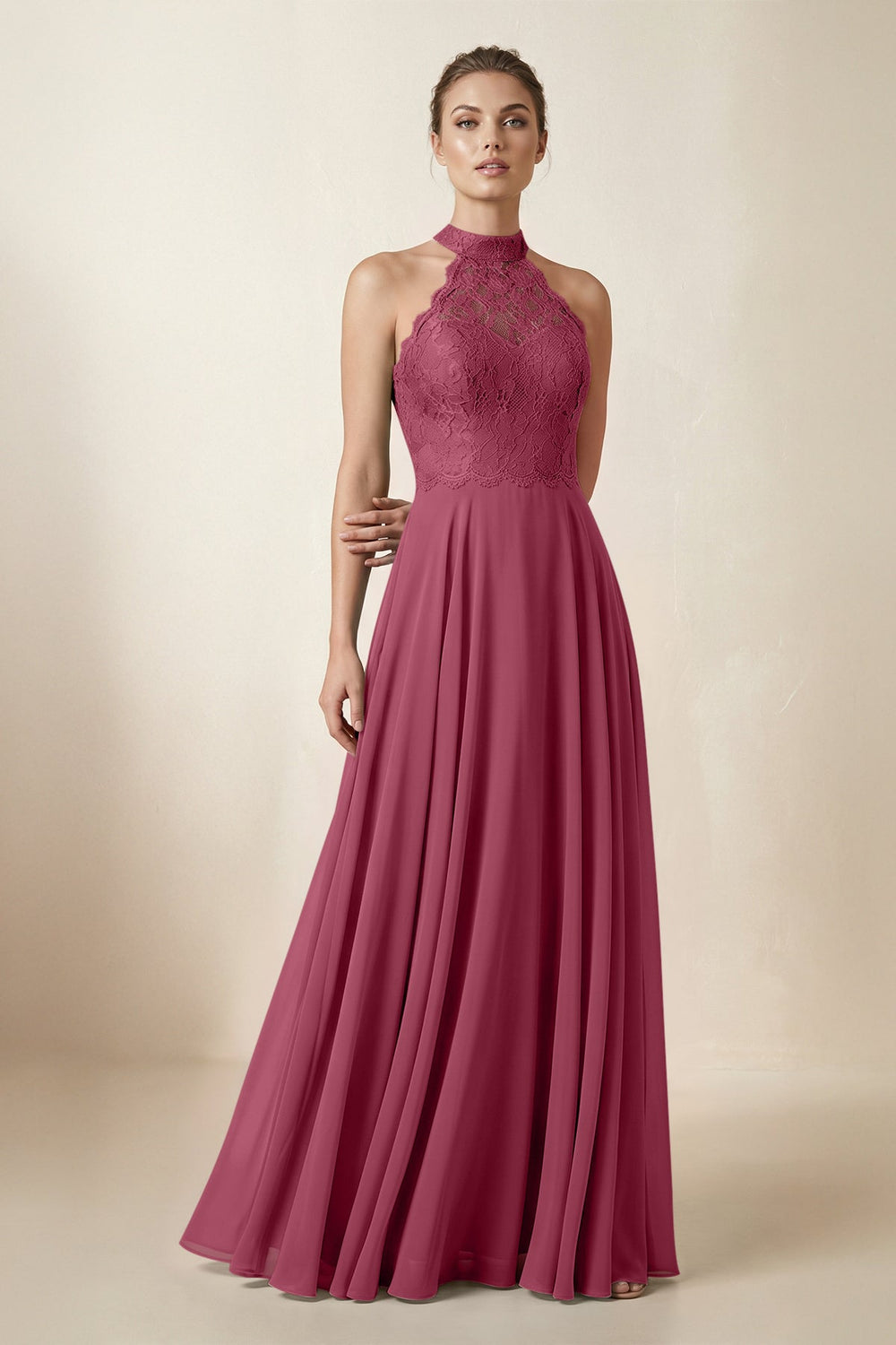 Lace Halter A - Line Chiffon Bridesmaid Dress in Desert Rose - SHE IS ME Bridesmaid Dresses
