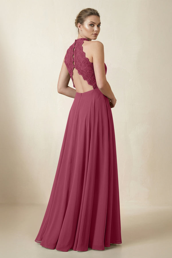 Lace Halter A - Line Chiffon Bridesmaid Dress in Desert Rose - SHE IS ME Bridesmaid Dresses