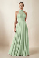 Lace Halter A - Line Chiffon Bridesmaid Dress in Sage - SHE IS ME Bridesmaid Dresses