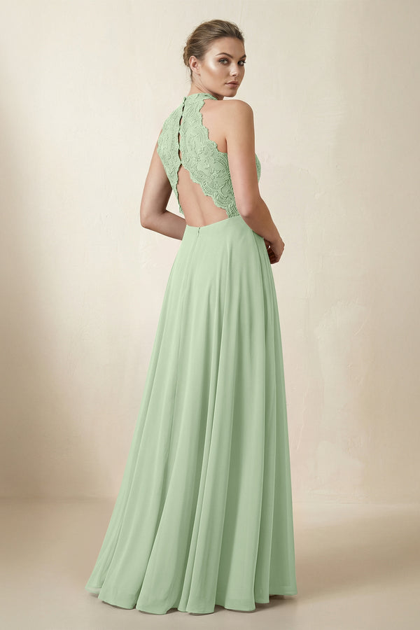 Lace Halter A - Line Chiffon Bridesmaid Dress in Sage - SHE IS ME Bridesmaid Dresses