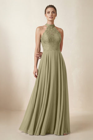 Lace Halter A - Line Chiffon Bridesmaid Dress in Thyme - SHE IS ME Bridesmaid Dresses
