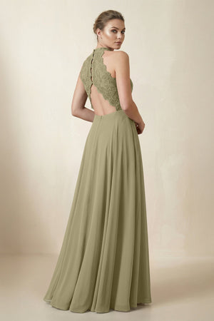 Lace Halter A - Line Chiffon Bridesmaid Dress in Thyme - SHE IS ME Bridesmaid Dresses