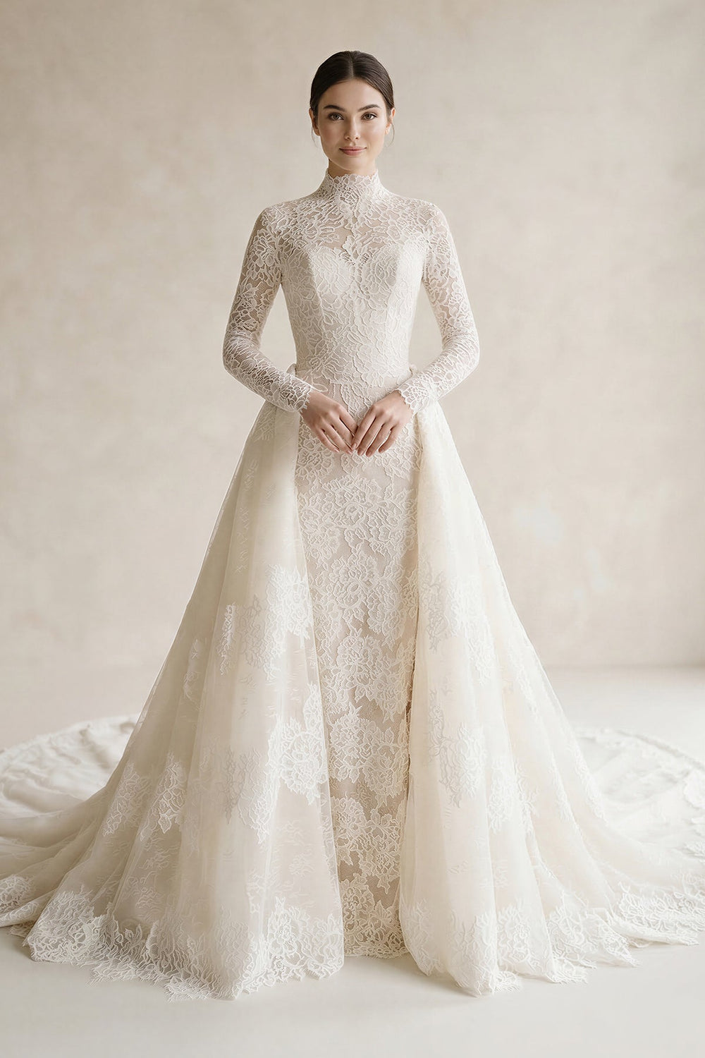 Lace High - Neck Ball - Gown Wedding Dress in Ivory - SHE IS ME Wedding Dresses