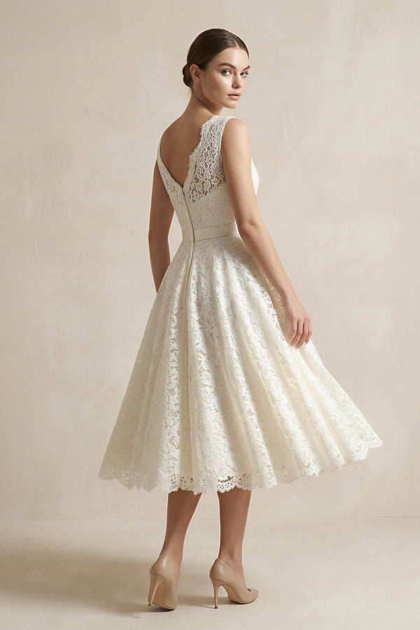 Lace Illusion Neck Lace A - Line Midi Wedding Dress in White - SHE IS ME Wedding Dresses