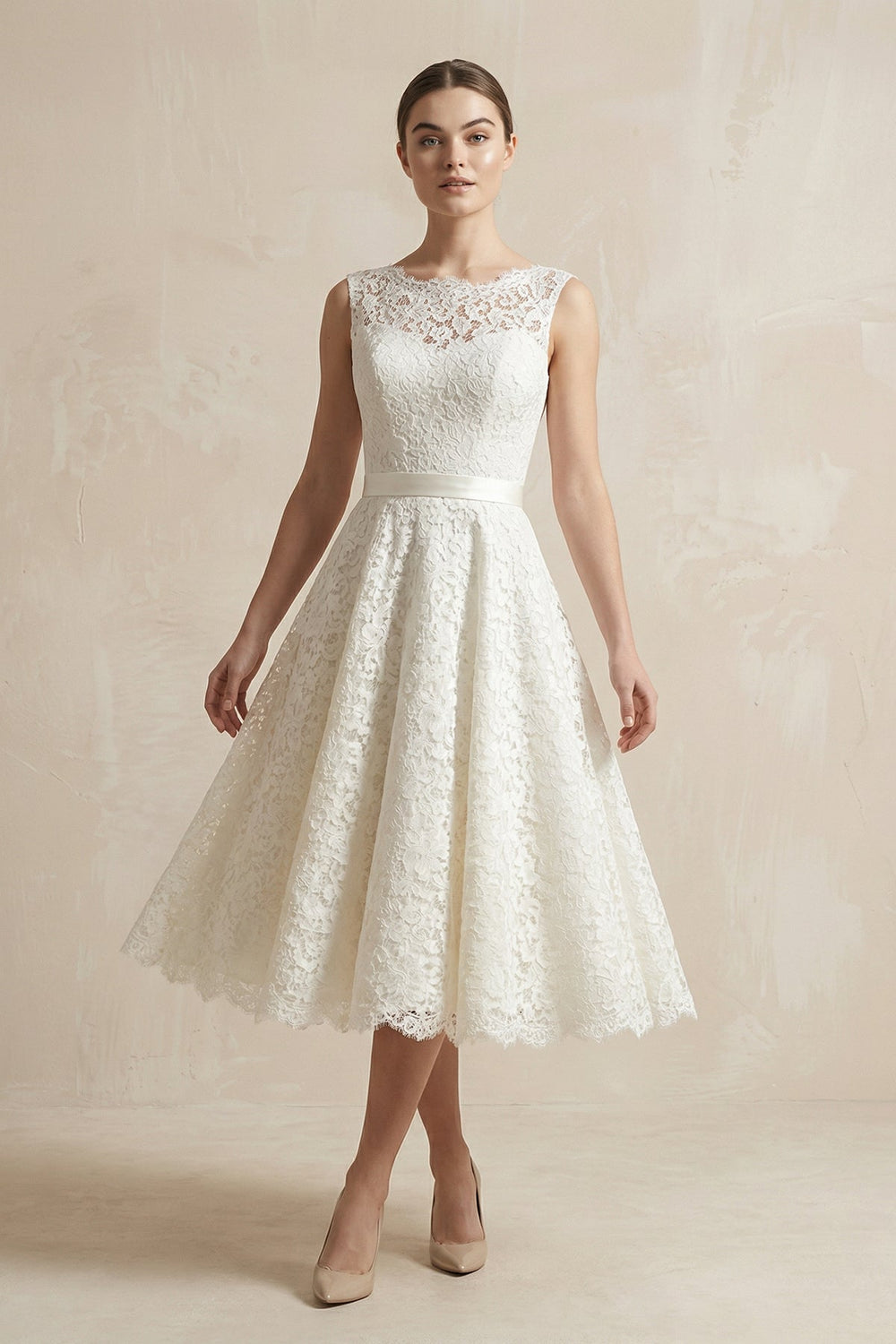 Lace Illusion Neck Lace A - Line Midi Wedding Dress in White - SHE IS ME Wedding Dresses
