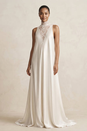 Lace Illusion Neck Satin A - Line Wedding Dress in Ivory - SHE IS ME Wedding Dresses