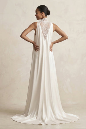 Lace Illusion Neck Satin A - Line Wedding Dress in Ivory - SHE IS ME Wedding Dresses