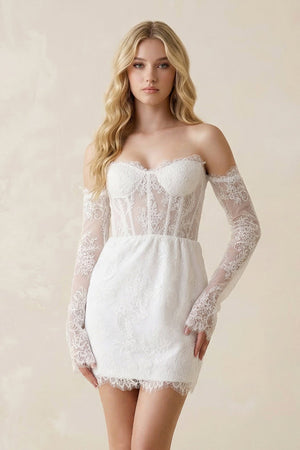 Lace Long Sleeves Sweetheart Sheath Mini Wedding Dress in White - SHE IS ME Wedding Dresses