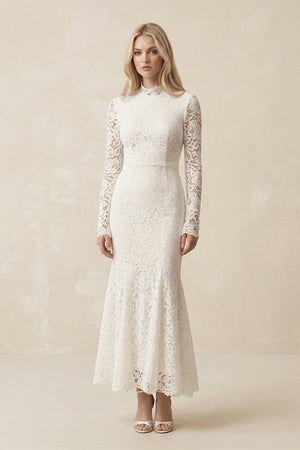 Lace Mermaid High - Neck Midi Wedding Dress With Long Sleeves in Ivory - SHE IS ME Wedding Dresses