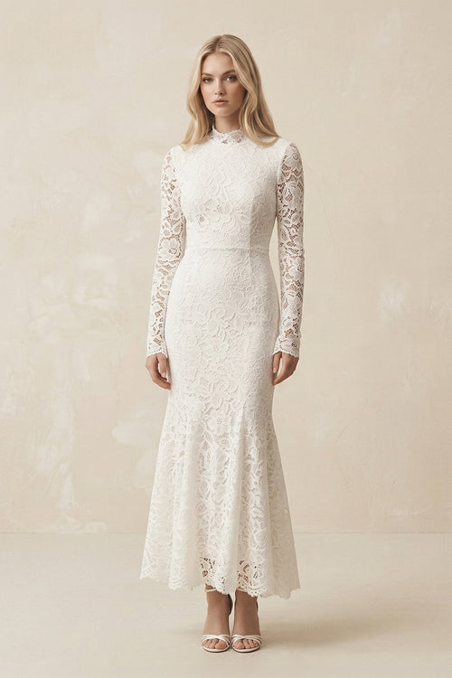 Lace Mermaid High - Neck Midi Wedding Dress With Long Sleeves in Ivory - SHE IS ME Wedding Dresses