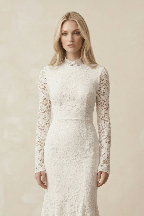 Lace Mermaid High - Neck Midi Wedding Dress With Long Sleeves in Ivory - SHE IS ME Wedding Dresses