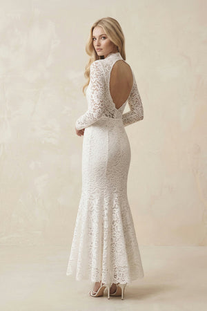 Lace Mermaid High - Neck Midi Wedding Dress With Long Sleeves in Ivory - SHE IS ME Wedding Dresses