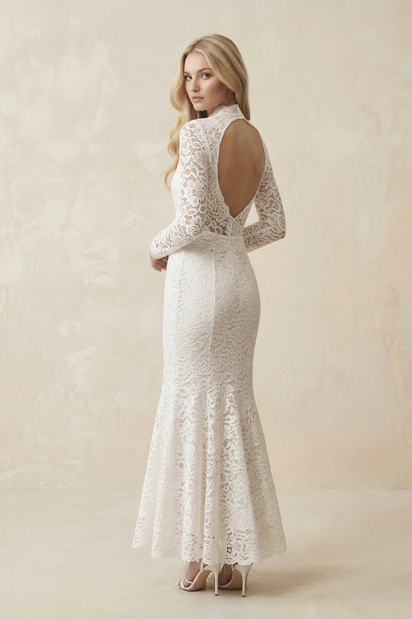 Lace Mermaid High - Neck Midi Wedding Dress With Long Sleeves in Ivory - SHE IS ME Wedding Dresses