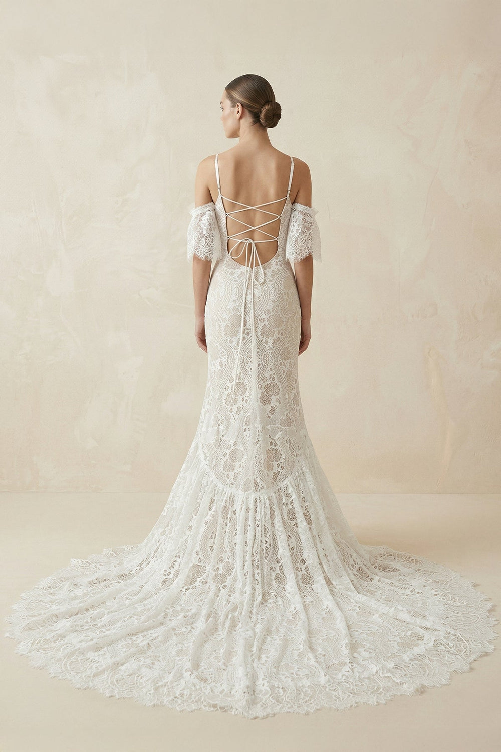 Lace Mermaid Off - the - Shoulder Boho Wedding Dress in Ivory - SHE IS ME Wedding Dresses