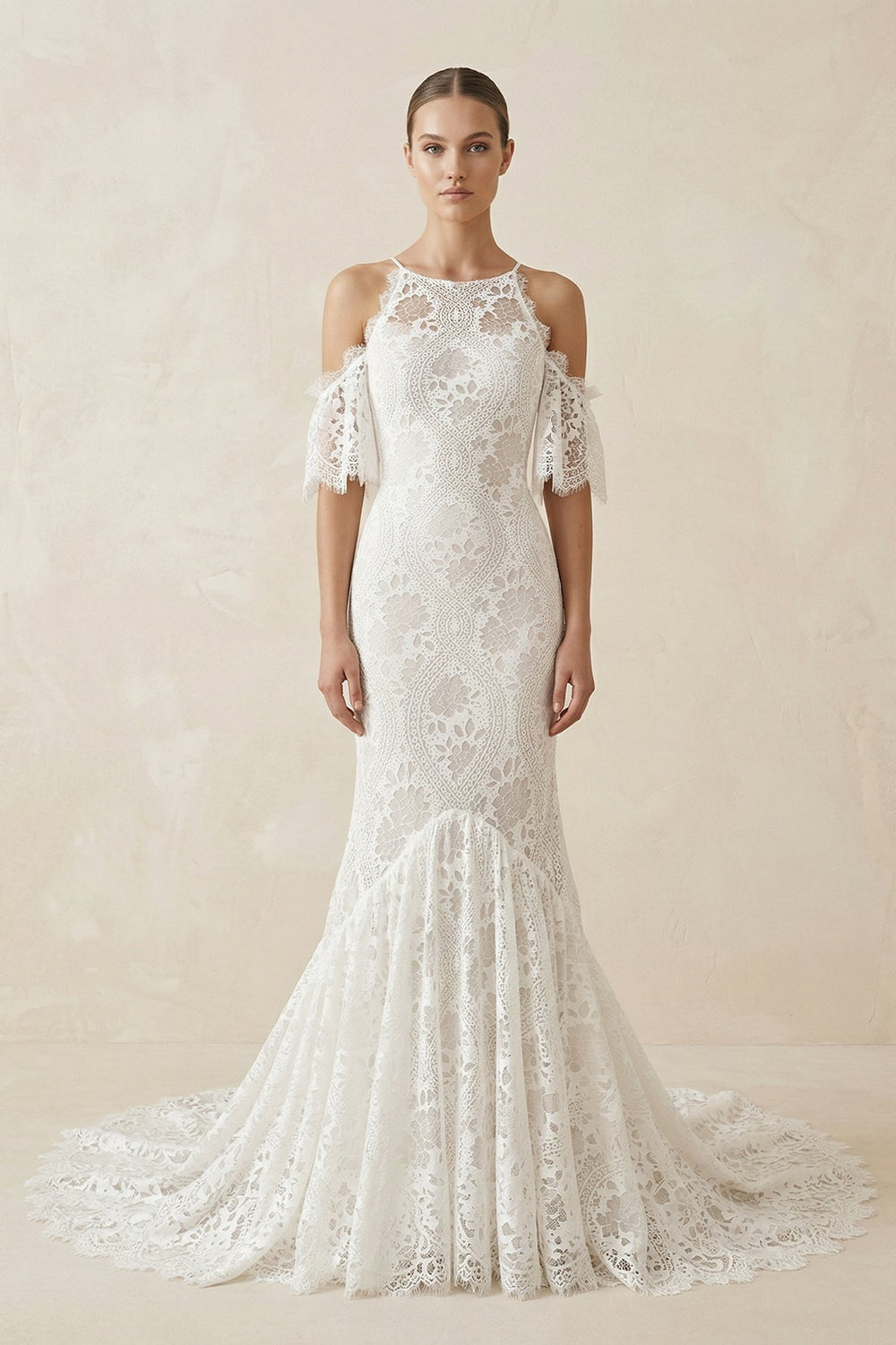 Lace Mermaid Off - the - Shoulder Boho Wedding Dress in Ivory - SHE IS ME Wedding Dresses