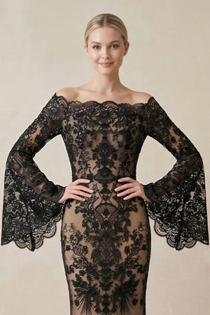 Lace Off - the - Shoulder Sheath Wedding Dress with Long Sleeves in Black - SHE IS ME Wedding Dresses