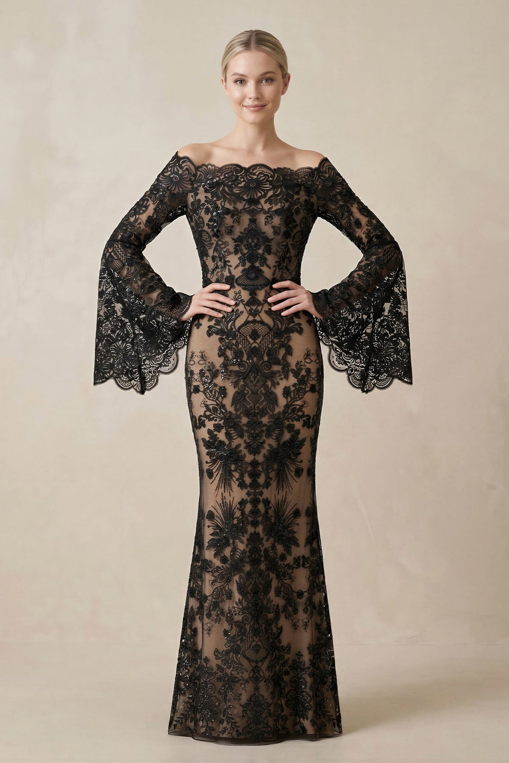 Lace Off - the - Shoulder Sheath Wedding Dress with Long Sleeves in Black - SHE IS ME Wedding Dresses