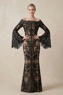 Lace Off - the - Shoulder Sheath Wedding Dress with Long Sleeves in Black - SHE IS ME Wedding Dresses