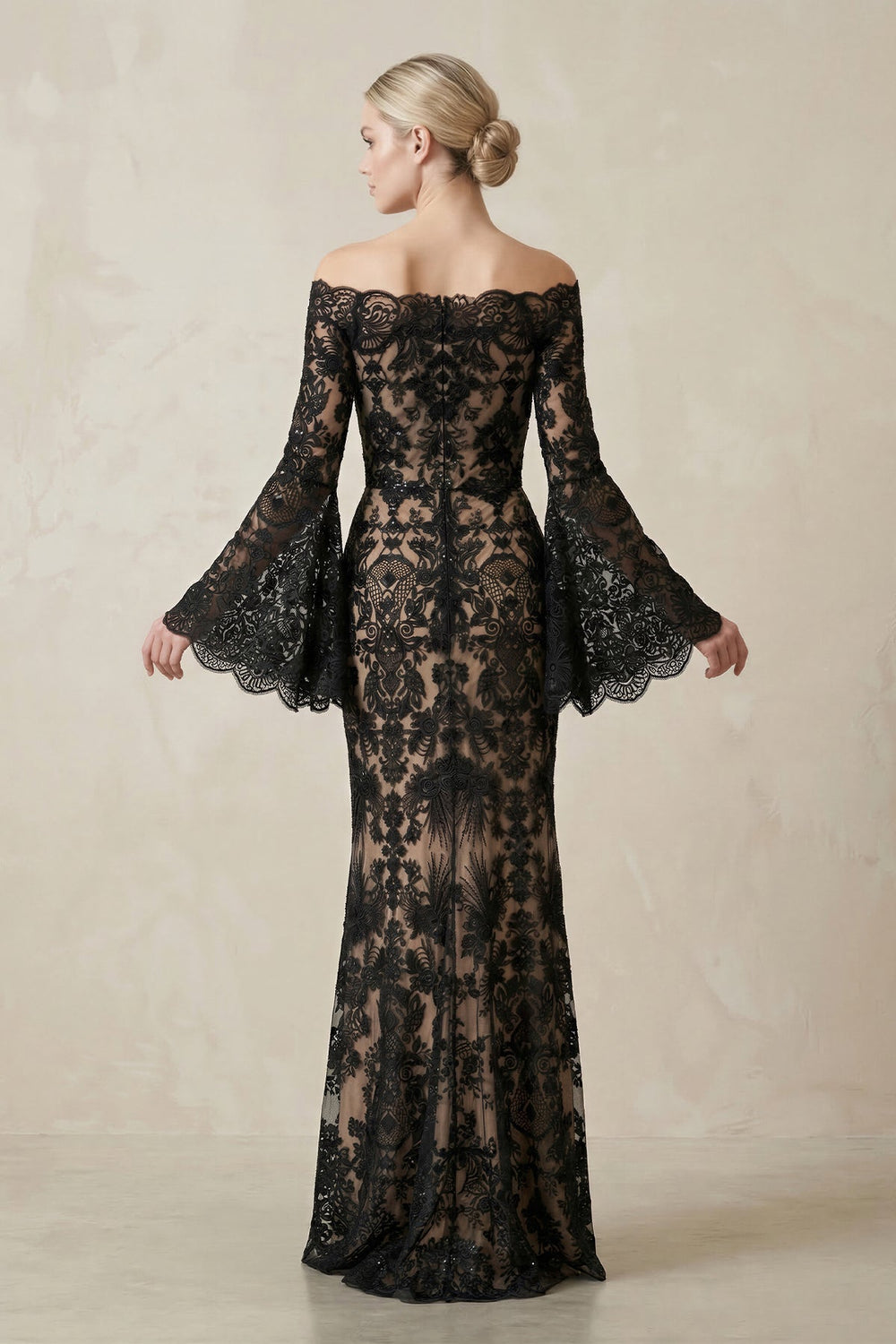 Lace Off - the - Shoulder Sheath Wedding Dress with Long Sleeves in Black - SHE IS ME Wedding Dresses