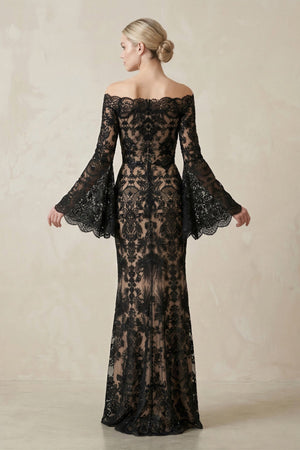 Lace Off - the - Shoulder Sheath Wedding Dress with Long Sleeves in Black - SHE IS ME Wedding Dresses
