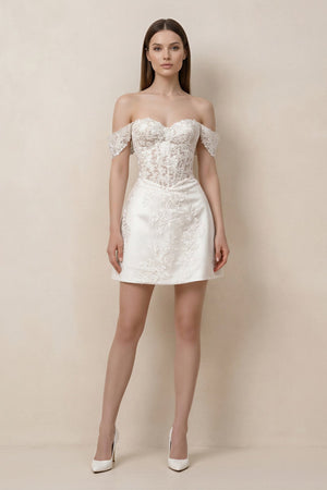 Lace Sheath A - Line Off - the - Shoulder Mini Wedding Dress in White - SHE IS ME Wedding Dresses