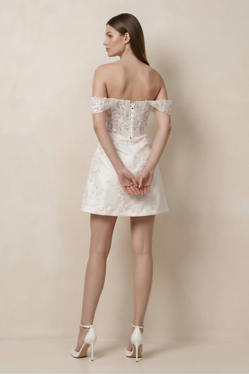 Lace Sheath A - Line Off - the - Shoulder Mini Wedding Dress in White - SHE IS ME Wedding Dresses