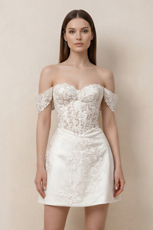 Lace Sheath A - Line Off - the - Shoulder Mini Wedding Dress in White - SHE IS ME Wedding Dresses