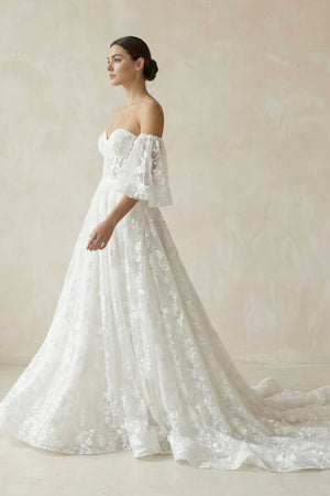 Lace Sweetheart A - Line Corset Wedding Dress With Sleeves in White - SHE IS ME Wedding Dresses