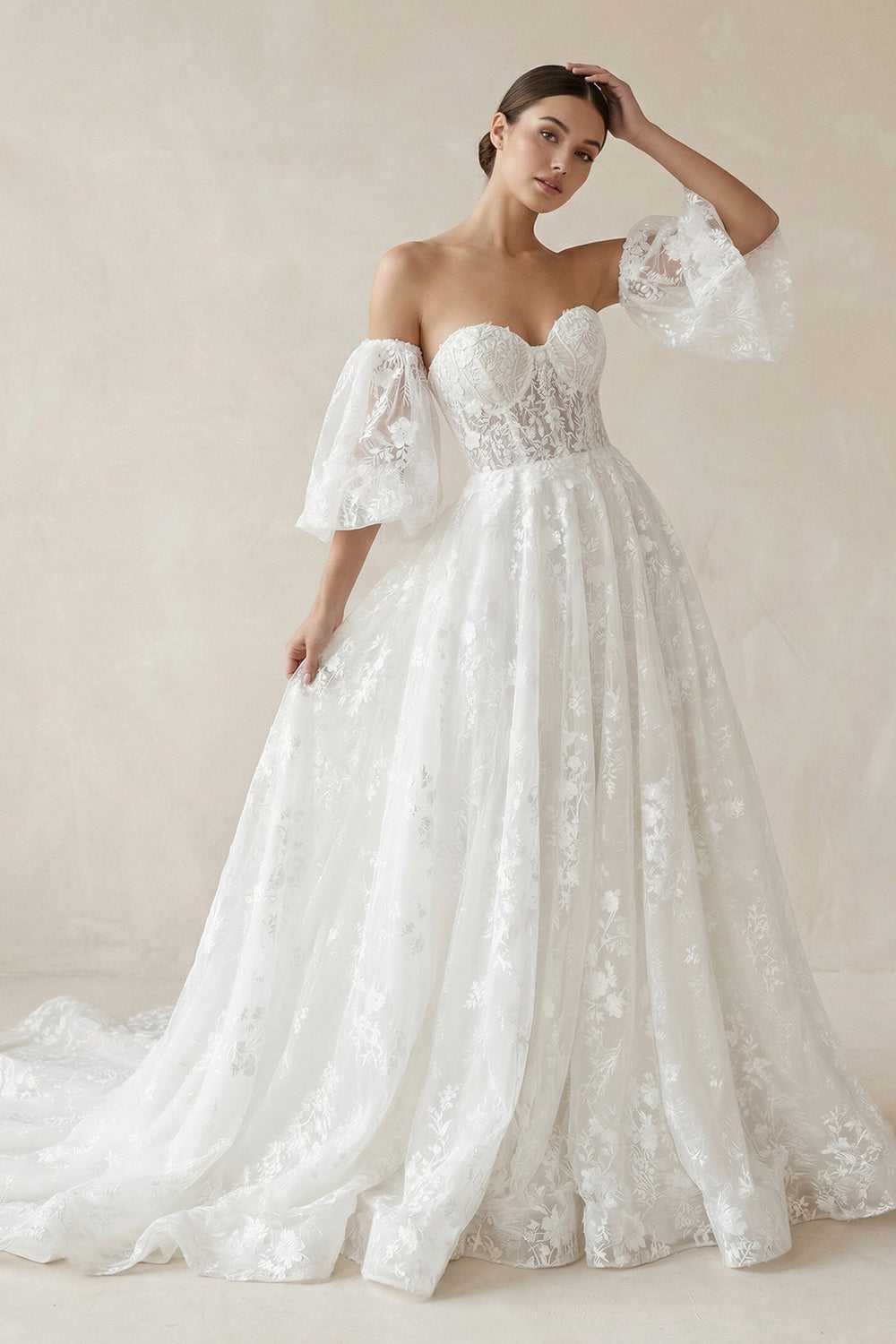 Lace Sweetheart A - Line Corset Wedding Dress With Sleeves in White - SHE IS ME Wedding Dresses