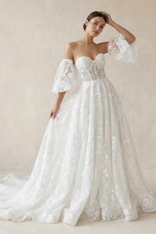 Lace Sweetheart A - Line Corset Wedding Dress With Sleeves in White - SHE IS ME Wedding Dresses