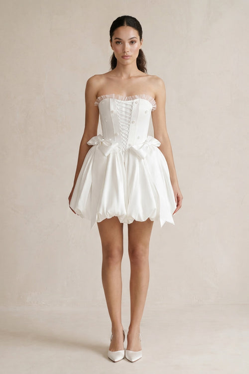Lace - up Strapless Taffeta A - Line Wedding Dress With Bow in Ivory - SHE IS ME Wedding Dresses