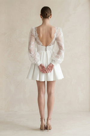 Lace V - Neck A - Line Satin Wedding Dress With Long Sleeves in White - SHE IS ME Wedding Dresses
