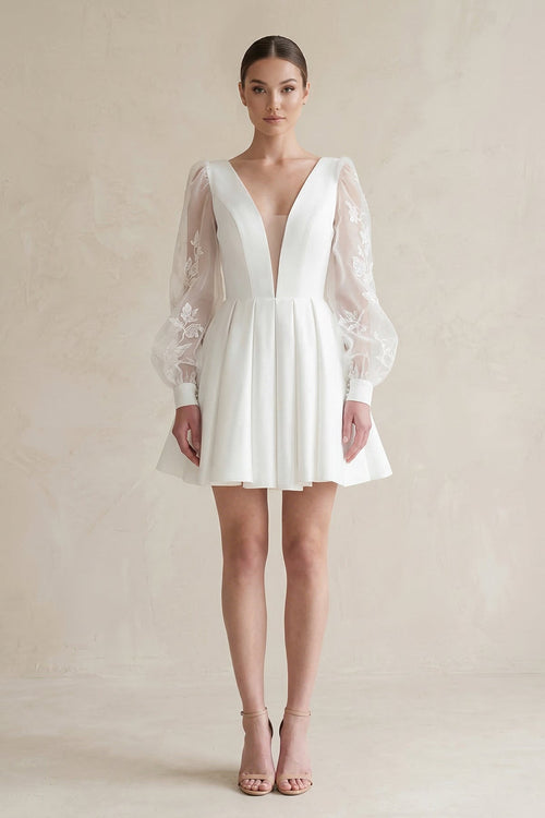 Lace V - Neck A - Line Satin Wedding Dress With Long Sleeves in White - SHE IS ME Wedding Dresses