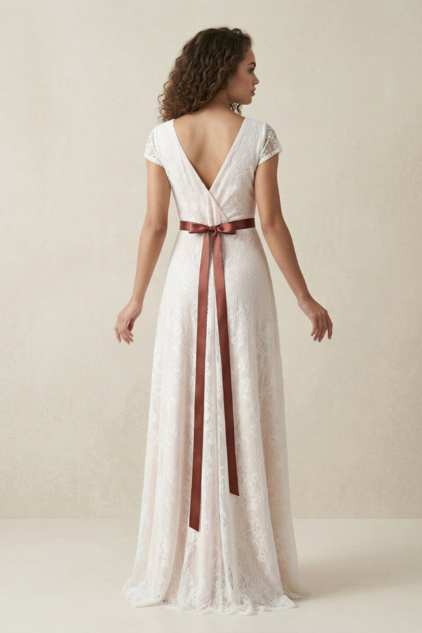 Lace V - Neck A - Line Short Sleeve Wedding Dress With Belt in Ivory - SHE IS ME Wedding Dresses