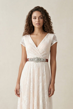 Lace V - Neck A - Line Short Sleeve Wedding Dress With Belt in Ivory - SHE IS ME Wedding Dresses