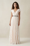 Lace V - Neck A - Line Short Sleeve Wedding Dress With Belt in Ivory - SHE IS ME Wedding Dresses