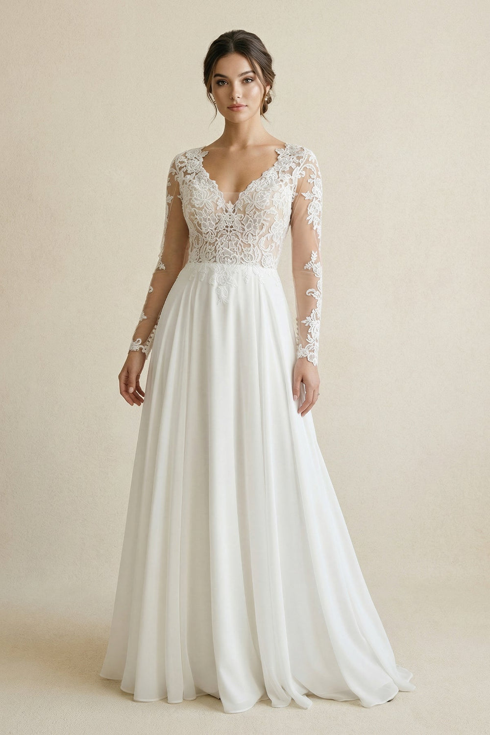 Lace V - Neck Long Sleeve Chiffon A - Line Wedding Dress in White - SHE IS ME Wedding Dresses