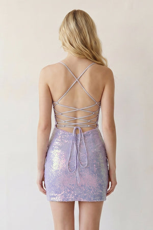 Lavender Fitted Bateau Spaghetti Straps Fully Sequined Lace-Up Mini Party Dresses - SHEISME