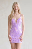 Lavender Bodycon Deep V Neck Sequins Mini Homecoming Dresses | SHEISME